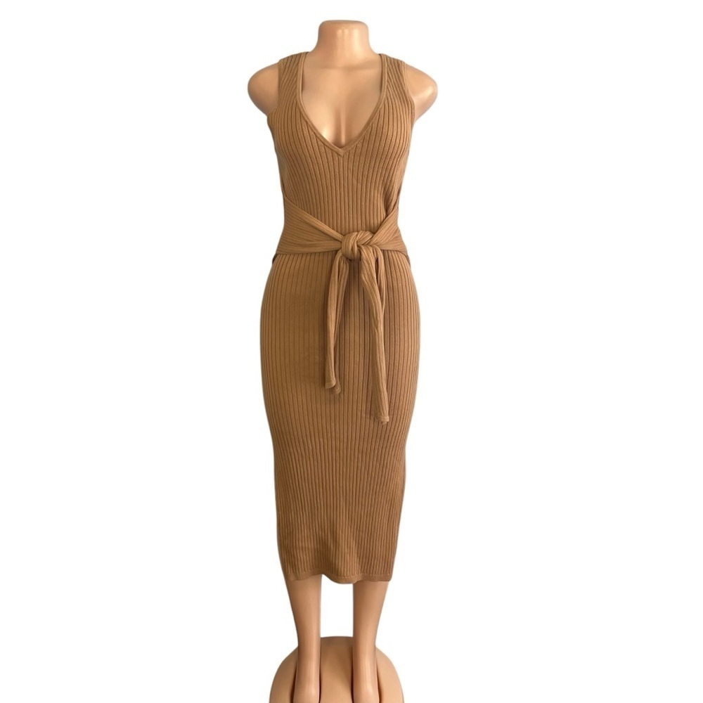 Good American Belted Cotton Rib-Knit Midi-Dress Taupe